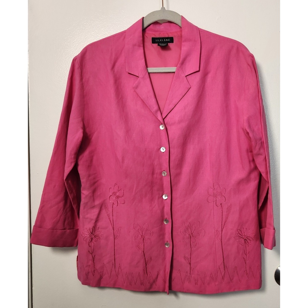 Silk Land Vtg Womens L Fuchsia Pink Silk Linen Button Down Embroidered‎ Lined
